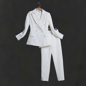 White double breasted female pant suit